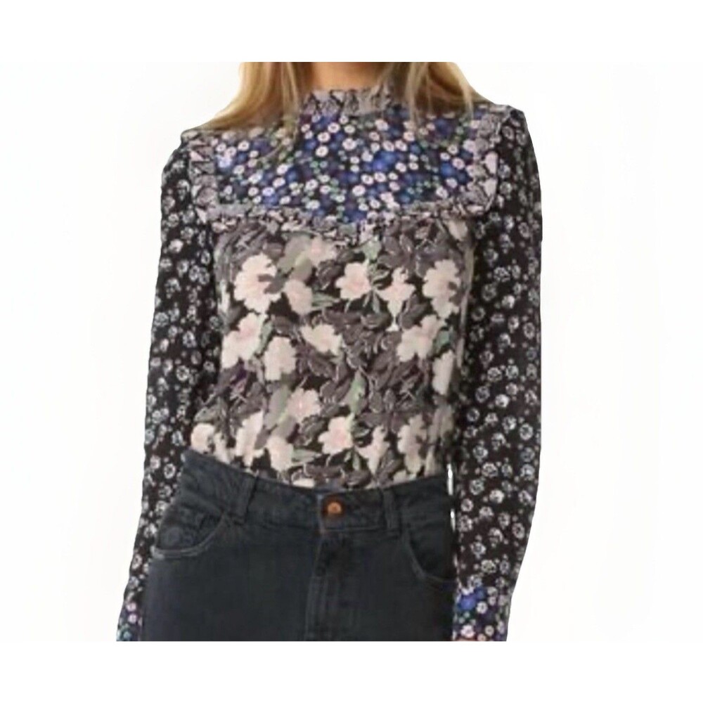 Rebecca Taylor Women Sz XS Black Floral Silk Ruffle Neck LS Button Back Top EUC